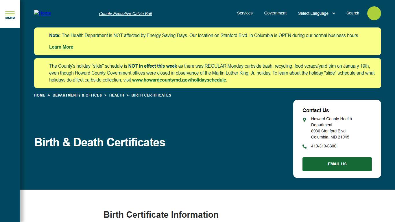 Birth & Death Certificates Howard County